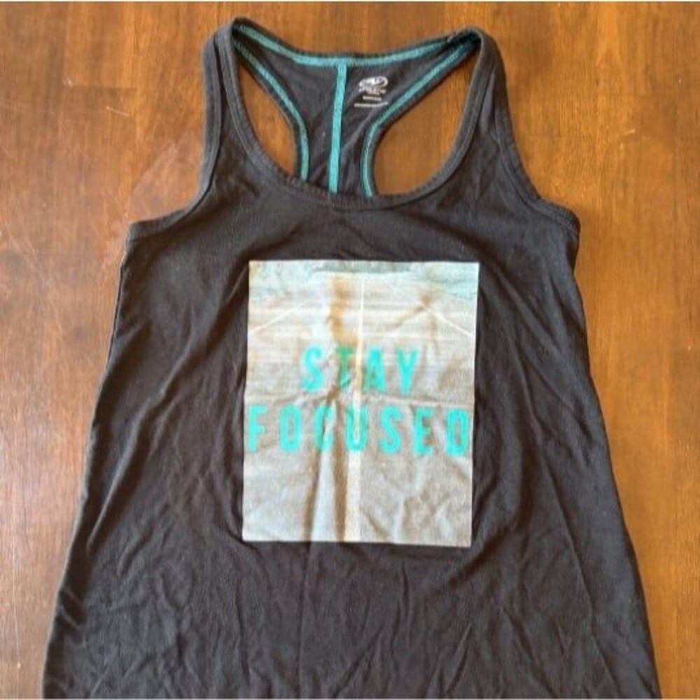 racerback tank top black with blue thread details graphic design diet workout